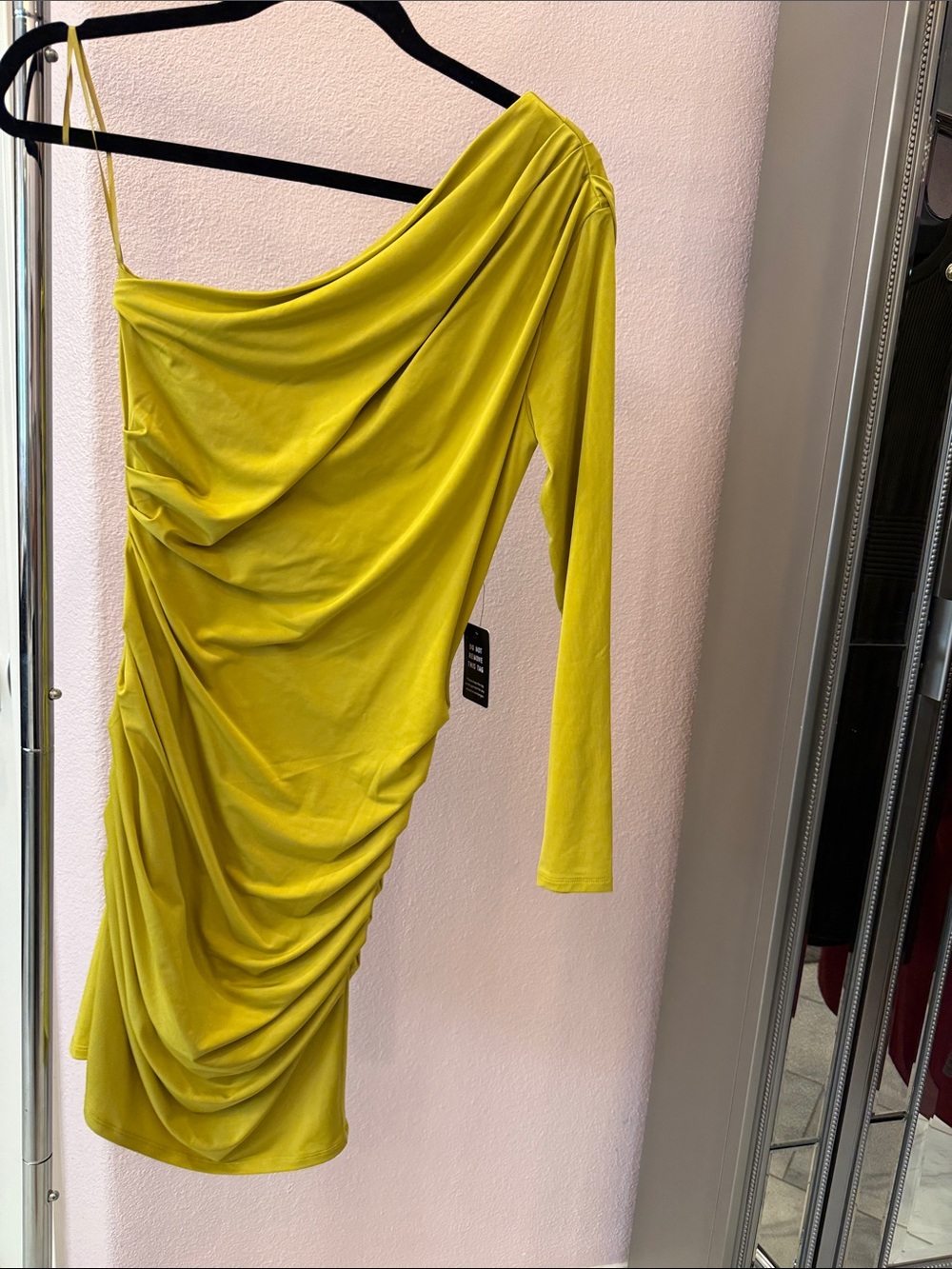 Express One-Shoulder Ruched Mini Dress in Chartreuse
